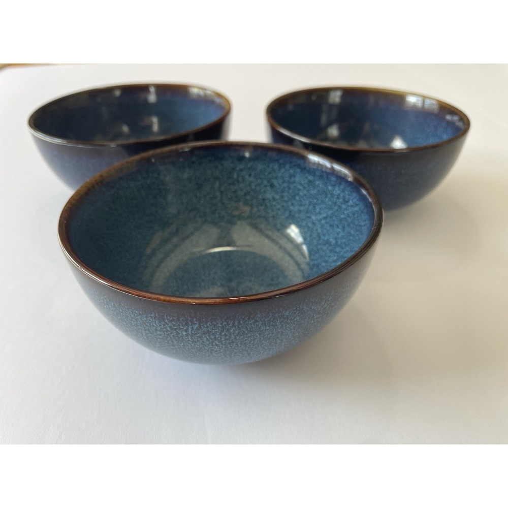 Set of 3 IKEA Blue Speckled Stoneware Bowls 4.5" Teal Brown Rim Soup Cereal